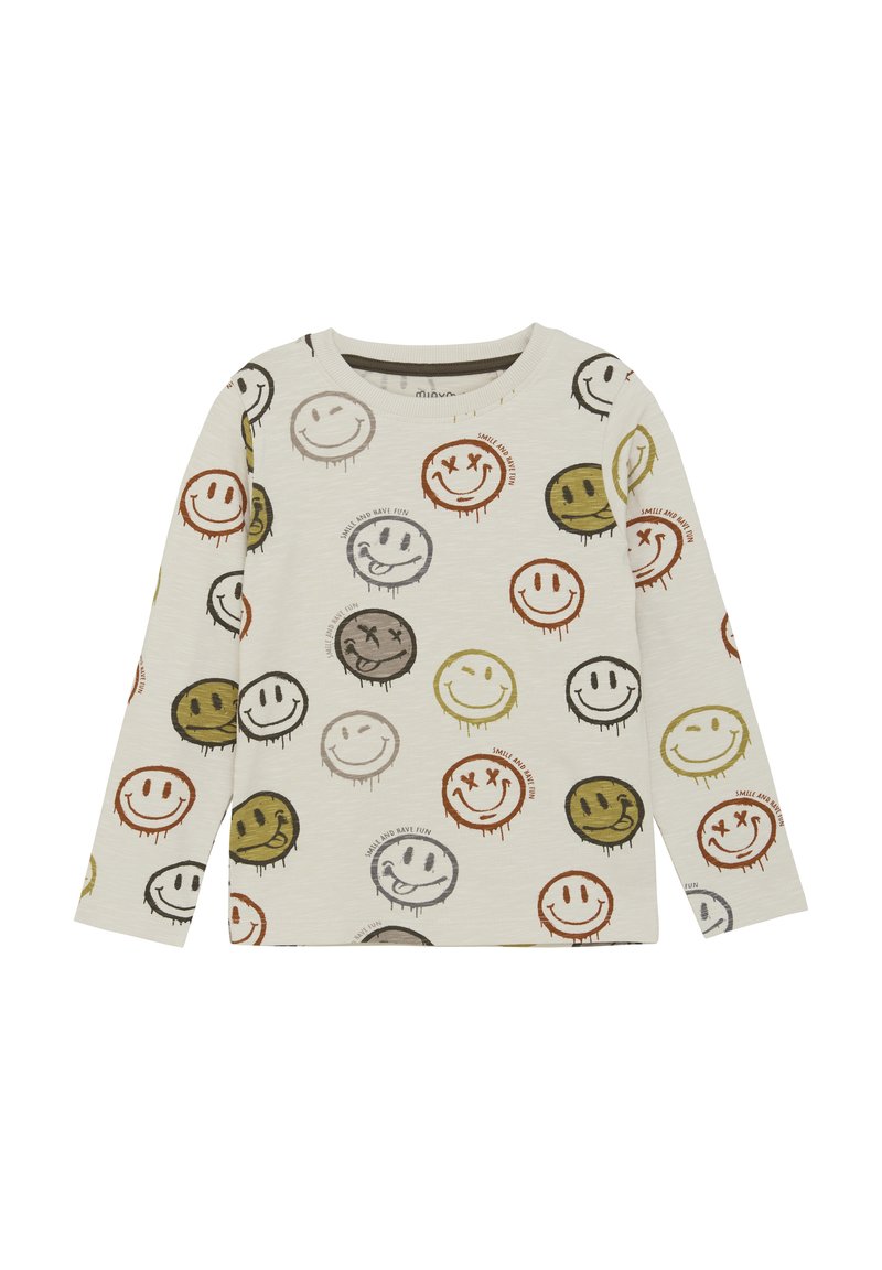Langärmliges, hellgraues Oberteil mit mehrfarbigen Smiley-Gesichtsdrucken in verschiedenen Ausdrücken. Hergestellt aus weichem Baumwollstoff. Rundhalsausschnitt.