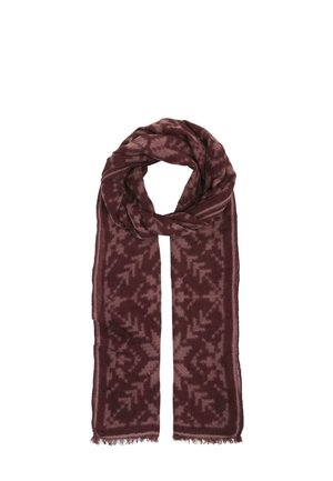Long maroon scarf with light pink geometric snowflake pattern and fringed edges, folded in a loop at the top.