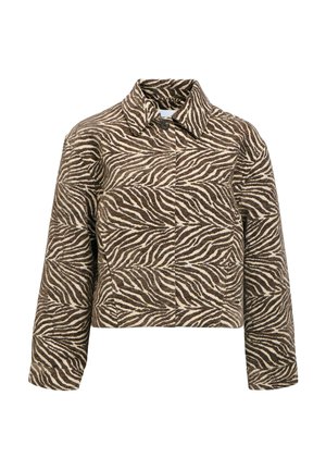 Veste courte à imprimé zèbre marron et beige, manches longues, col et fermeture à un bouton au niveau du cou.