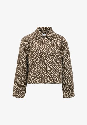 Veste courte à imprimé zèbre marron et beige, manches longues, col et fermeture à un bouton au niveau du cou.