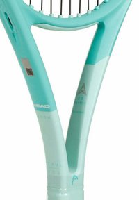 Turquoise tennis racket with a lightweight frame, featuring a textured grip and a grid of black strings. Branding visible on the throat.