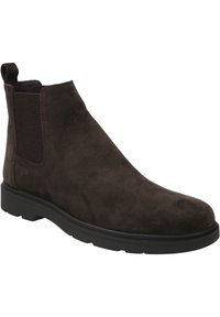 Dunkelbraune Wildleder Chelsea Boots mit einem strukturierten Seitenpaneel, einer Ziehlasche und einer stabilen schwarzen Gummisohle.