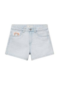 Svetlo modri jeans kratke hlače z zdelanim zaključkom, ki imajo vezenino na levem žepu in gumbasto zapiranje.