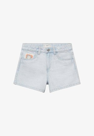 Svetlo modri jeans kratke hlače z zdelanim zaključkom, ki imajo vezenino na levem žepu in gumbasto zapiranje.