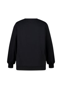 Zwarte langslijf crewneck sweatshirt met ribbelmanchetten en zoom, weergegeven van de achterkant op een witte achtergrond.