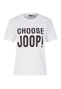 Witte katoenen t-shirt met gedurfde zwarte tekst "KIES JOOP!" op de borst. Klassieke ronde hals en korte mouwen. Eenvoudig ontwerp.