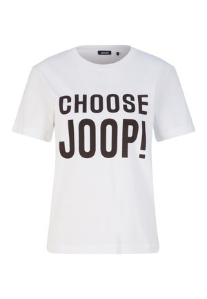 Weißes Baumwoll-T-Shirt mit kräftigem schwarzem Text 'CHOOSE JOOP!' auf der Brust. Klassischer Rundhalsausschnitt und kurze Ärmel. Einfaches Design.