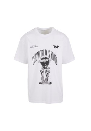 White cotton t-shirt featuring a black graphic print with the text "THE WORLD IS YOURS" and a globe held by three figures.