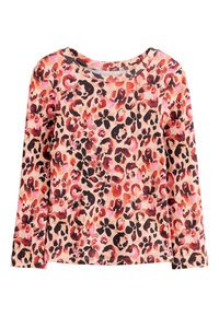 Long-sleeve top in ribbed fabric, featuring a vibrant leopard print in pink, orange, and black on a light beige background.