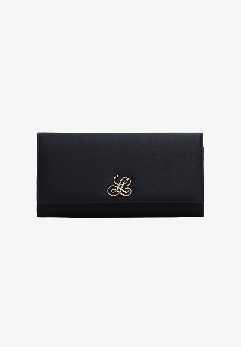 Pochette rectangulaire noire avec un motif décoratif en lettres dorées entrelacées sur le rabat avant.