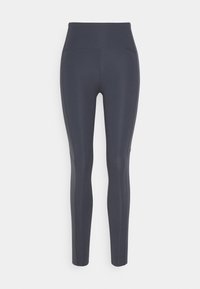 Leggings a vita alta di colore grigio scuro, realizzati in tessuto elasticizzato; presentano una texture liscia e lati senza cuciture per comfort e flessibilità.