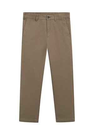 Beige Baumwoll-Chinos mit geradem Bein, ausgestattet mit vorderen Taschen und einem einzelnen Knopfverschluss am Bund.