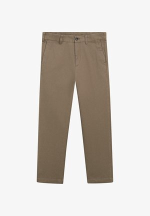 Beige bomuldschinos med et design med lige ben, færdiggjort med forlommer og en enkelt knaplukning i linningen.