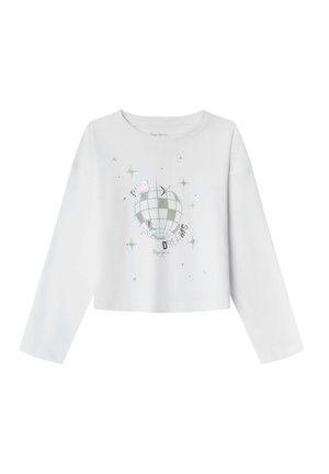 T-shirt blanc à manches longues, coupe courte, avec un graphique de boule disco argentée, entouré d'étoiles et de texte indiquant "Rêves Disco". Matière en coton doux.