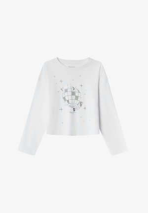Weißes, kurz geschnittenes Langarm-T-Shirt mit einem silbernen Diskokugel-Graphic, umgeben von Sternen und dem Text "Disco Dreams". Weiches Baumwollmaterial.