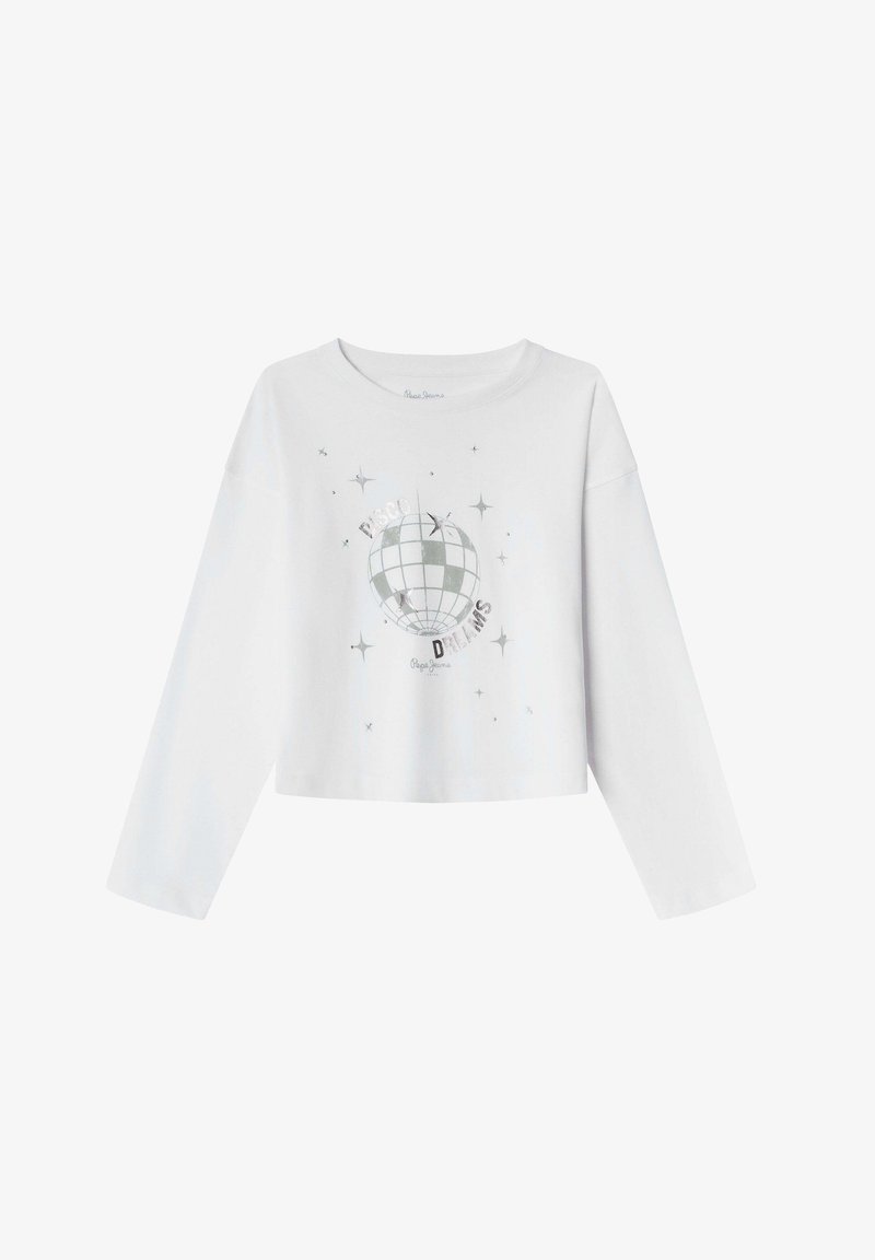 Valge lühikeste varrukate ja pikema lõikega T-särk, millel on hõbedane diskopalli graafika, ümbritsetud tähtedest ja tekstist "Disco Dreams". Pehme puuvillane materjal.