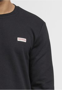 Zwarte sweatshirt met een ronde hals. Heeft een klein rood en wit label met de merknaam op het linkerkant van de borst. Zachte textuur.