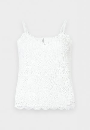 Λευκή δαντελένια καμισόλα με λουλουδένια και γεωμετρικά σχέδια, λεπτές ρυθμιζόμενες τιράντες και κυματιστό τελείωμα σε ανοιχτό φόντο.