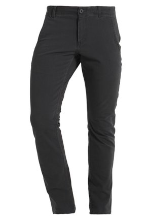 Pantalon décontracté noir slim avec bouton et fermeture éclair à l’avant, poches latérales et passants pour ceinture.