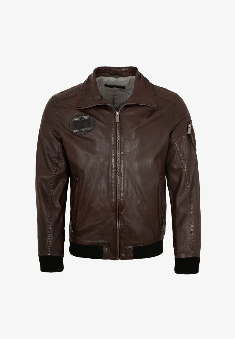 Braune Lederjacke mit durchgehendem Reißverschluss, gerippten Bündchen und Saum, mit einem runden schwarzen Patch mit dem "UNLIMITED"-Logo auf der linken Brust, Seitentaschen.