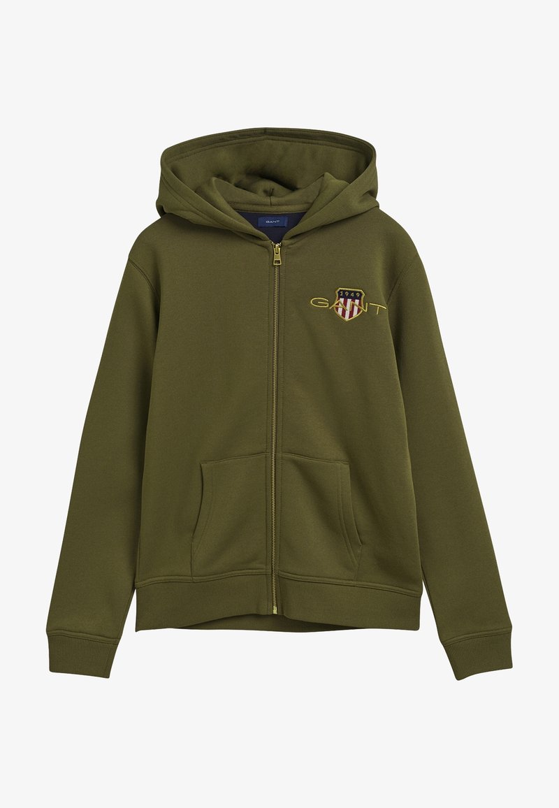 Zelená mikina na zip z měkké látky s klokaní kapsou, s logem a znakem na levé části hrudi.