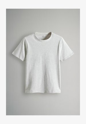 Jasnoszary bawełniany t-shirt z krótkimi rękawami, okrągłym dekoltem, miękką teksturą i subtelnym melanżowym wzorem. Brak widocznych logotypów lub akcentów.