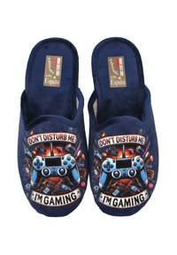Zapatillas para jugar de color azul marino con tela suave, que presentan un diseño gráfico de un controlador de juego y el texto "NO ME MOLESTES, ESTOY JUGANDO."