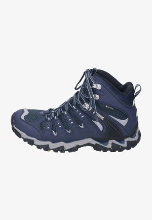 Wasserdichte Wanderstiefel in Marineblau, ausgestattet mit Mesh- und Wildledermaterialien, Schnürdesign, gepolstertem Kragen und robustem, strukturiertem Profil.