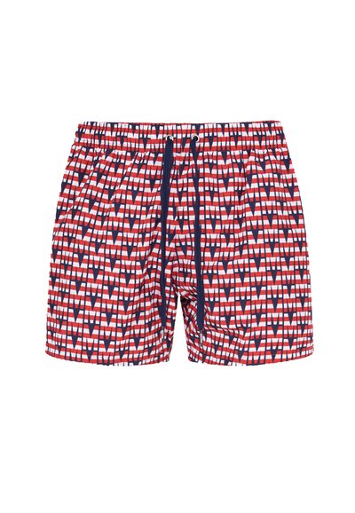 Pantaloncini da bagno rossi con un motivo geometrico in navy e bianco. Presentano una vita elasticizzata con cordoncino e tasche laterali.