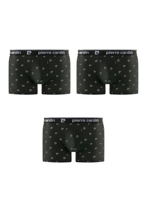 Trois boxers noirs avec de petits logos blancs répétés en forme de "P" et la marque "pierre cardin" sur la ceinture, présentés sur un fond blanc.