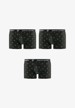 Trois boxers noirs avec de petits logos blancs répétés en forme de "P" et la marque "pierre cardin" sur la ceinture, présentés sur un fond blanc.
