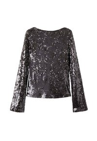 Top de manga larga negro cubierto de brillantes lentejuelas, con un escote redondo y un dobladillo recto.