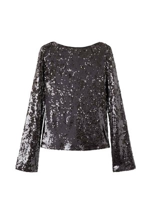 Maglietta nera a maniche lunghe coperta di lucenti paillettes, con scollatura rotonda e orlo dritto.