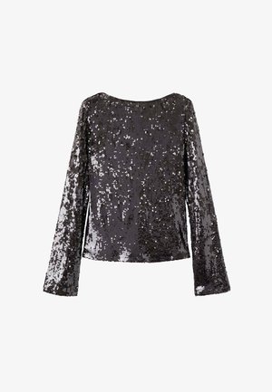 Langsleeve zwart top bedekt met glanzende pailletjes, met een ronde halslijn en een rechte zoom.