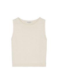 Top beige senza maniche in maglia con scollatura tonda, caratterizzato da una sottile texture e un orlo dritto. Etichettato con "Marc O'Polo" all'interno.
