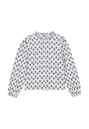Hvid bluse med lange ærmer med lille sort og mørkeblå blomsterprint, rund halsudskæring, knapper foran og elastiske manchetter.