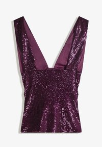 Paars pailletten top met een diepe V-hals, voorzien van brede banden van gladde stof, die textuur en glans aan het ontwerp toevoegen.