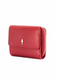 Czerwona skórzana portmonetka o teksturowanym wykończeniu, z klapką składana i złotymi akcentami. Posiada zasuwaną kieszeń wzdłuż jednego z brzegów.