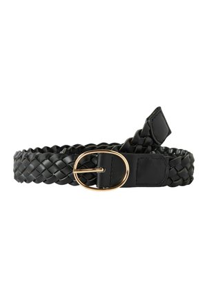 Black woven leather belt with a rounded gold metal buckle, coiled on a white background.