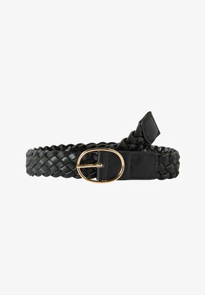 Black woven leather belt with a rounded gold metal buckle, coiled on a white background.