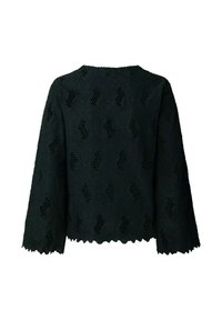 Črna čipkasta bluza z dolgimi rokavi s cvetličnimi vzorci in valovito obrobo, prikazana od zadaj na belem ozadju.