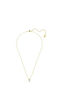 Naszyjnik w odcieniu złotym z delikatnym łańcuszkiem i cylindrycznym wisiorkiem o teksturowanej powierzchni, ozdobionym drobnymi detalami. Regulowana długość.