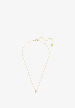 Gold-tone necklace with a delicate chain and cylindrical pendant featuring a textured surface and small embellishments. Adjustable length.