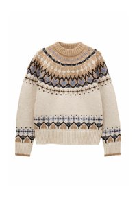 Strickpullover in Creme mit Rundhalsausschnitt, der braune, blaue und schwarze geometrische Muster um die Schultern und den unteren Saum aufweist. Weiche Textur.