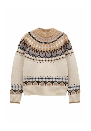 Stickad tröja i krämfärg med rundad hals, försedd med bruna, blå och svarta geometriska mönster runt axlarna och nederkanten. Mjuk textur.