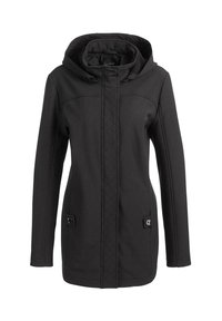 Zwarte hoodie gemaakt van zachte stof. Bevat een gewatteerd voorkantpaneel, twee zijzakken met knopen en een gestroomlijnd silhouet.