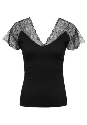 Chemise noire cintrée avec un profond décolleté en V, des manches courtes en dentelle et une bordure en dentelle autour du col.