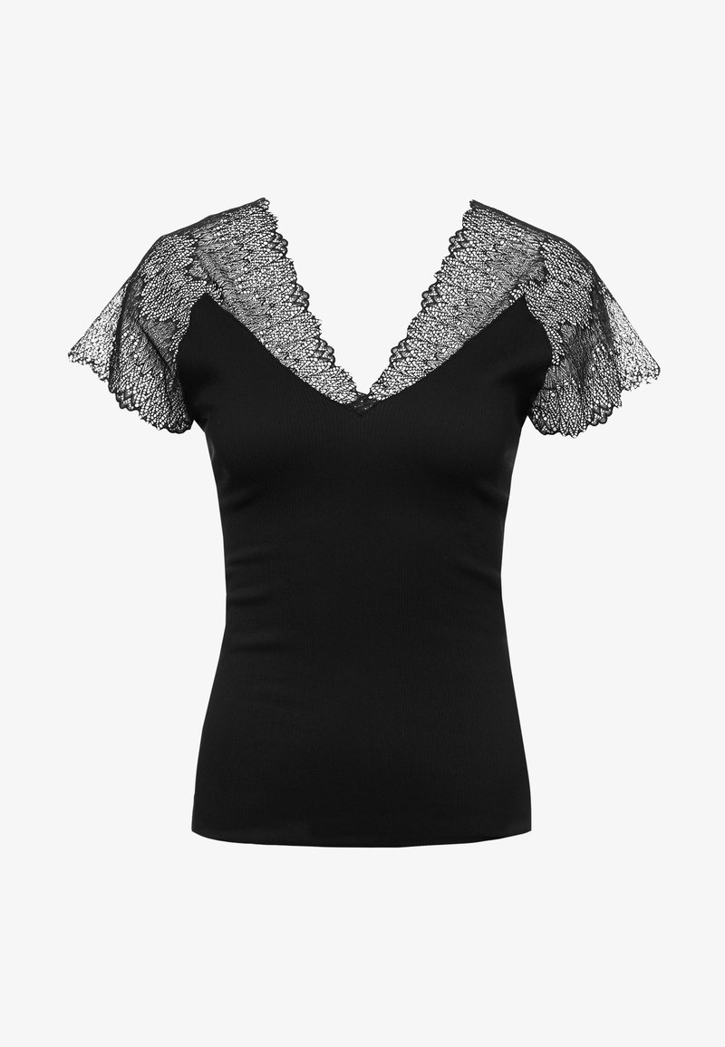 Chemise noire cintrée avec un profond décolleté en V, des manches courtes en dentelle et une bordure en dentelle autour du col.
