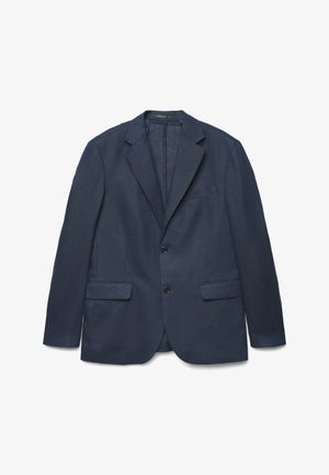 Blazer pour homme bleu marine foncé avec revers crantés, deux boutons sur le devant, poches à rabat et une poche poitrine, posé à plat sur un fond blanc.