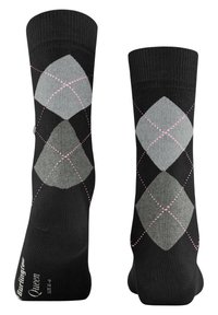 Calcetines negros con un patrón de diamantes en gris claro, gris oscuro y acentos en rosa pastel. Hechos de un material suave y elástico para mayor comodidad.